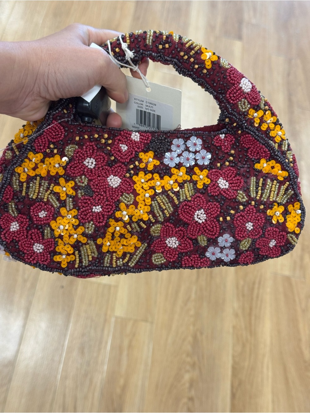 Beaded Floral Handbag in Burgundy and Yellow